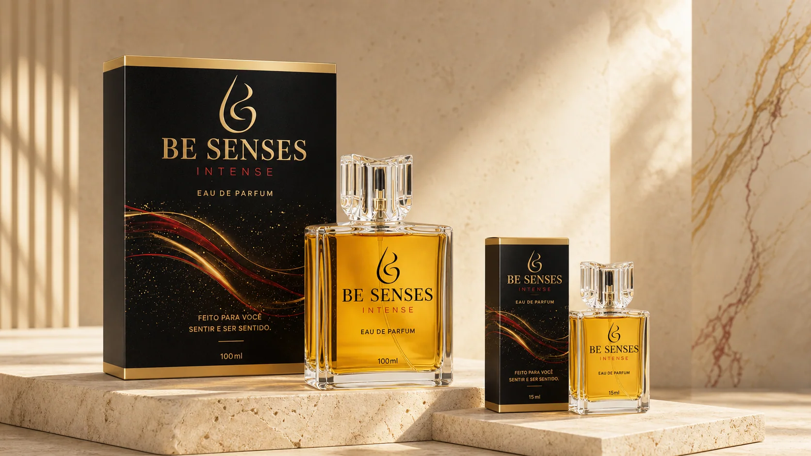 Composição de campanha BE SENSES com frasco e caixa de 100 ml em destaque