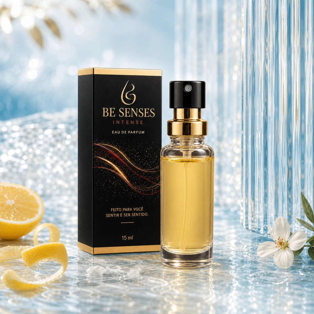 Frasco e embalagem oficiais BE SENSES de 15 ml em ambientação premium
